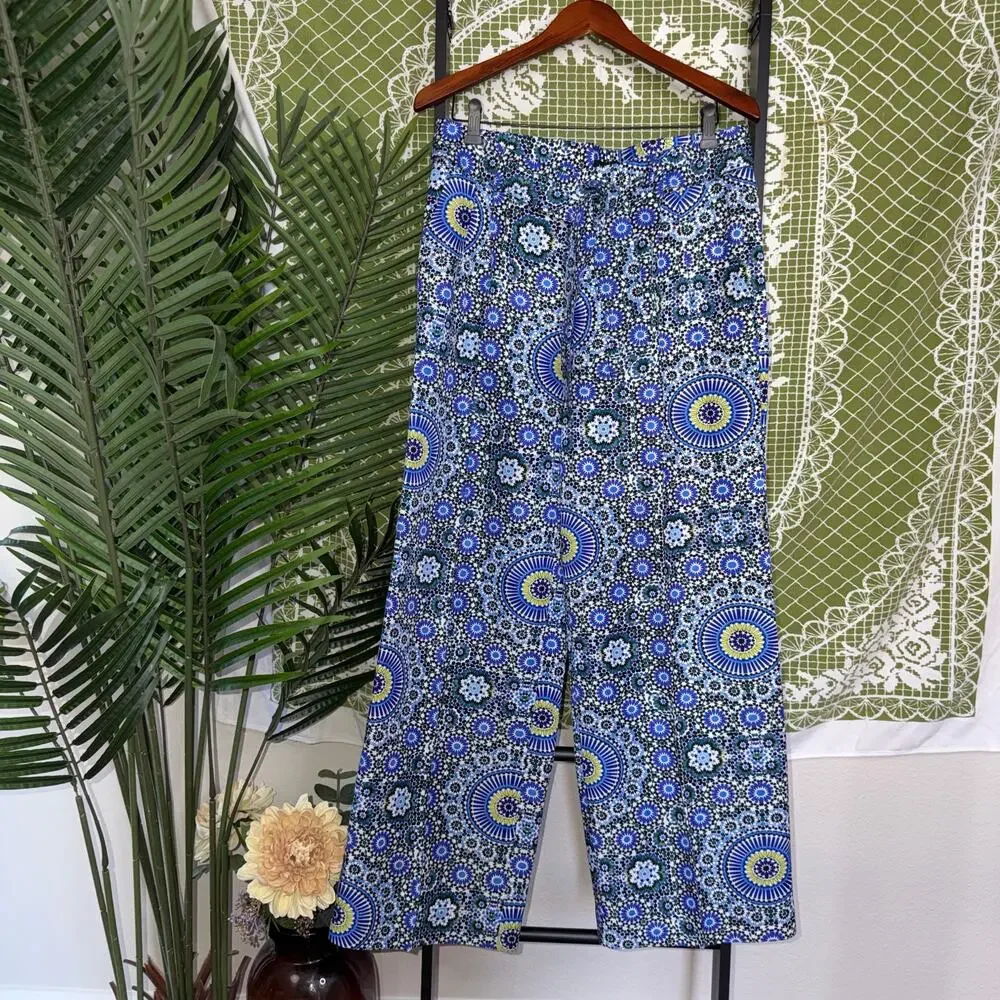 NWOT Banana Republic Mandala Geometric Wide‎ Leg Pants Blue Green 8 Linen Blend